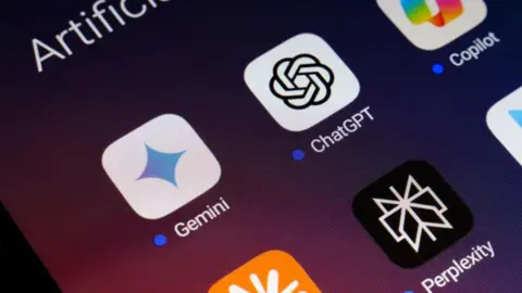 Getty Images A phone screen with the app icons ChatGPT, Copilot, Gemini and Perplexity displayed