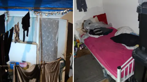 Metropolitan Police crime scene photos show an outbuilding with a tarpaulin roof and a single bed inside.