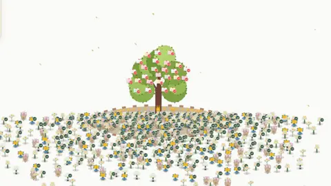 MEMORIAL TREE No. 55 Community Page An animation of a tree with letters pinned to its branches and a dense cluster of animated flowers in the foreground, against a white background