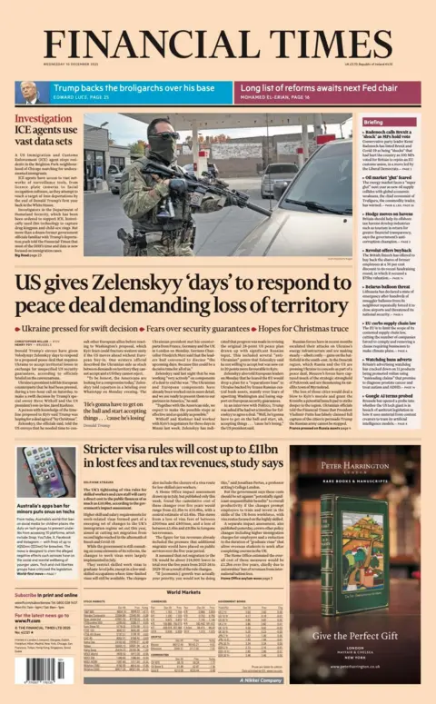 “US gives Zelenskyy 'days' to respond to peace deal demanding loss of territory”.