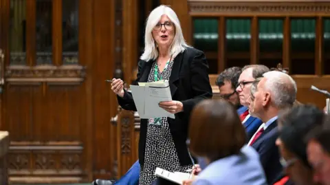House of Commons Dr Allison Gardner - a woman with long blonde hair, a black coat and blakc and white dress, stands and talks in the House of Commons while holding a bundle of paper in one hand and a pen in the other.