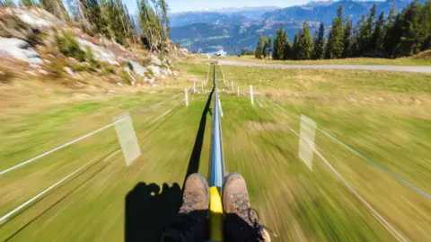 Getty Images A person rides a yellow toboggan down a metal track on a mountainside in Germany. The person's brown walking boots is all that be seen of them. The grassy slope is slightly blurred as the toboggan slides down the rail. In the distance are pine trees and mountains. 