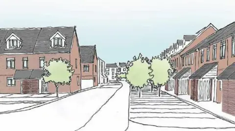 An artists impression of the street. There are red brick houses and a few trees and pedestrian walkways.