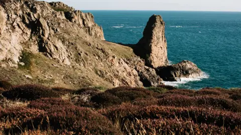 Visit Jersey A picture of Le Pinacle in Jersey. It is a rock next to the ocean. the water is a dark blue and the sky is grey. There are brown bushes in the forground and a rocky hill in the background.