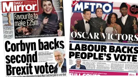 Daily Mirror and Metro front pages for 26/02/19