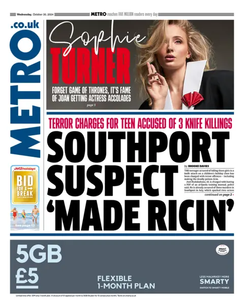 The headline in the Metro reads: "Southport suspect 'made ricin'". 