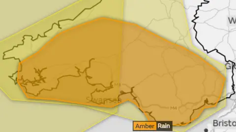 Met Office Map showing the amber warning across most of southern Wales