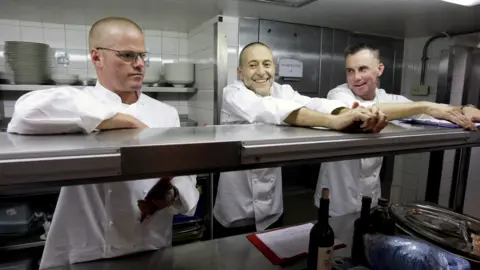 Getty Images Heston Blumenthal, Michel Roux Jr and Gary Rhodes in 2009