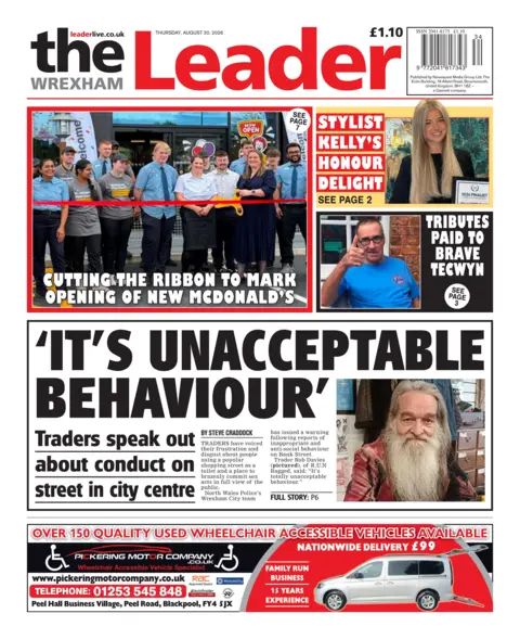 Wrexham Leader Wrexham Leader front page withe main headline 'It's unacceptable behaviour' with the sub headline traders speak out about conduct on street in city centre.