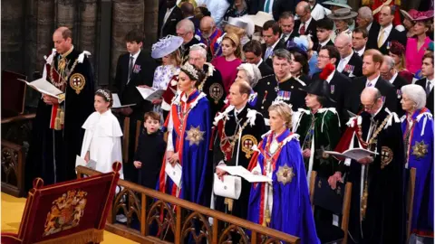 PA Media The Duke of York, Princess Beatrice, Peter Phillips, Edoardo Mapelli Mozzi, Zara Tindall, Princess Eugenie, Jack Brooksbank, Mike Tindall and the Duke of Sussex, (left to right 2nd row) the Earl of Wessex, Lady Louise Windsor, the Duke of Gloucester, the Duchess of Gloucester, the Princess Royal Vice Admiral Sir Tim Laurence, Prince Michael of Kent, Princess Michael of Kent, (1st row) the Prince of Wales, Princess Charlotte, Prince Louis, the Princess of Wales and the Duke of Edinburgh and the Duchess of Edinburgh at the coronation ceremony of King Charles III and Queen Camilla in Westminster Abbey, London