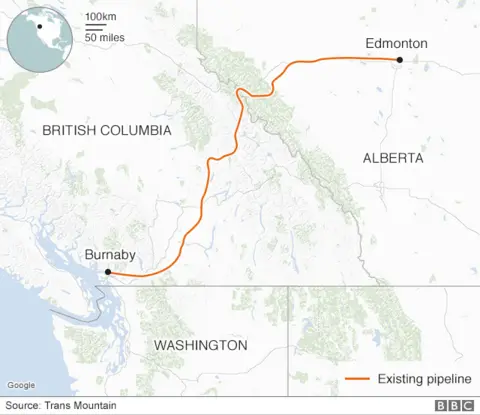 A map of the Trans Mountain pipeline route