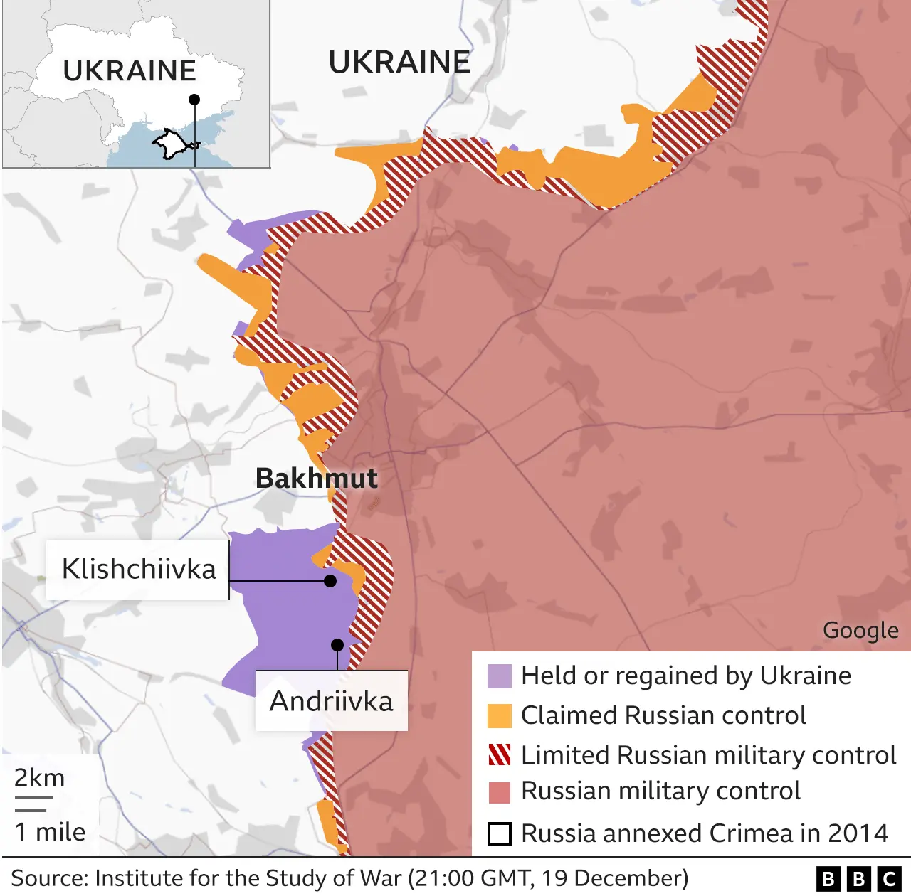Map showing positions of Russian and Ukrainian forces around Bakhmut
