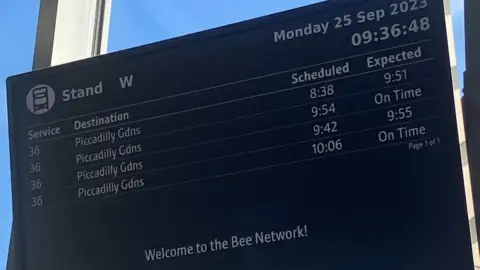 BBC Electronic board at Bolton Interchange, showing delays to Bee Network buses