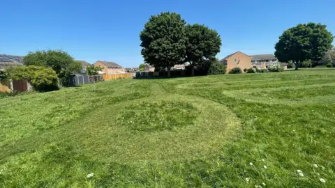 Bridgwater Town Council A green field where a pattern is mowed into the grass but much of the grass ls left long. Several large trees sit at the edge of the field and it is bordered by yellow brick houses. 