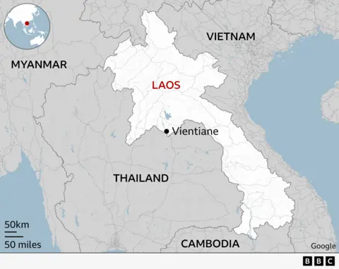 Map of Laos located in south-east Asia bordered by Vietnam, Myanmar, Thailand and Cambodia. The Laos capital Vientane is listed