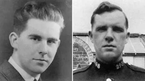 Essex Police Two black and white photos put side by side. One of the left is a man in with swept-back hair, wearing a suit. The second man is wearing a uniform and looking directly at the camera.