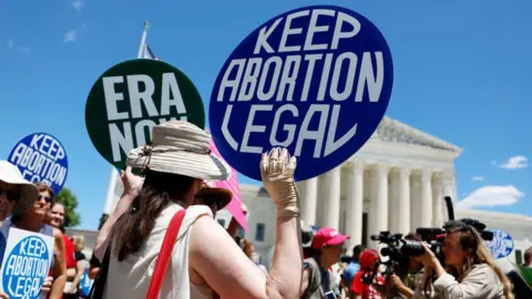 Getty Images, human rights activists, keep banners to protest outside the US Supreme Court building in Washington, DC.