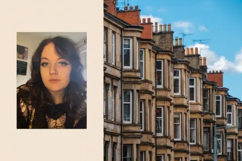 Chloe Bryceland/Getty Images Two images: A close up shot of Chloe Bryceland and a row of traditional terraced residential buildings in Glasgow.