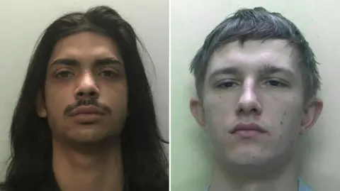 A mugshot of Casey Foster. He has long black hair, a moustache and brown eyes. A mugshot of Royston Morgan. He has short brown hair and brown eyes.