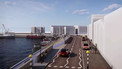 Artist sketch of the new sea defence wall. The road runs alongside the wall whilst on the opposite end, pedestrian and cycle lanes are seen.