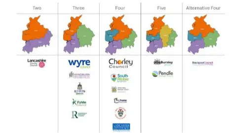 South Ribble Borough Council Image showing five maps with the five different proposals on how to divide up the county into councils