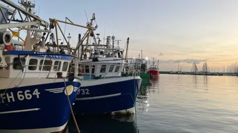 Blue and white fishing boats lined up on the left of the picture with identifying codes on them. The sea is to the right and the sun is just rising. Sailing boats can be seen in the distance.