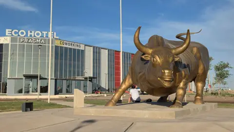 Matías Zibell García The "Charging Bull" statue in the middle of the Argentine town of Añelo