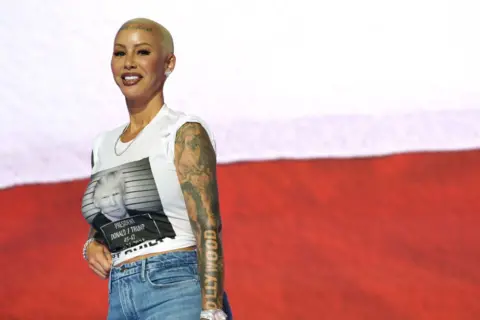 Getty Images Rapper and influencer Amber Rose is seen onstage at the Fiserv Forum during preparations for the Republican National Convention (RNC) on July 14