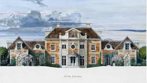 A watercolour painting of the front of the country house. It's red and white brick with a large porch and large windows, with shrubbery around them.