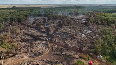 PA Media Birds-eye view of the blackened nature reserve, with many acres of woodland burned to the ground.