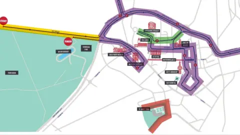 Great North 10K Graphic showing road closures in Newcastle City Centre. The routes are marked in purple, yellow and brown lines against a mostly white background, with a patch of green to the left.