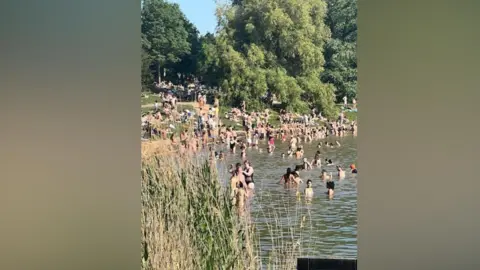 The image shows groups of swimmers in a non-bathing pool, with people gathered by the edge and people sitting on the grassy banks of the pool on Hampstead Heath.