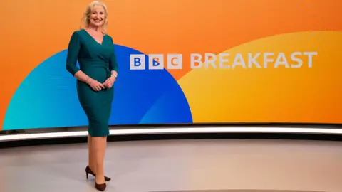 Carol Kirkwood in the studio front of an orange BBC Breakfast background