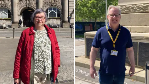 A composite image of two people - on the left, a woman with short greying hair, wearing a red jacket and glasses, and on the right, a man with short grey hair and a blue polo shirt. Both are standing outside in the town centre.