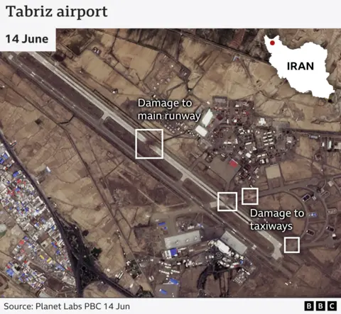 Satellite image of Tabriz airport with squares highlighting damage to runway and taxiways