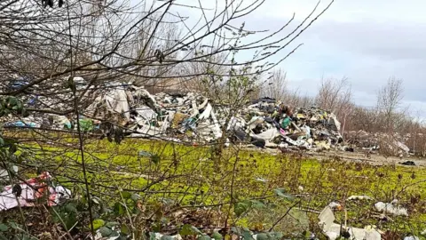 Local Democracy Reporting Service Mounds of waste dumped on a site in Queensferry, Flintshire