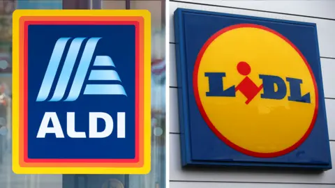 Getty Images/AFP Signs for Aldi and Lidl