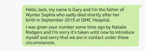 A WhatsApp message from Gary Andrews reading: "Hello Jack, my name is Gary and I’m the father of Wynter Sophia who sadly died shortly after her birth in September 2019 at QMC Hospital. I was given your number some time ago by Natalie Rodgers and I’m sorry it’s taken until now to introduce myself and sorry that we are in contact under these circumstances."