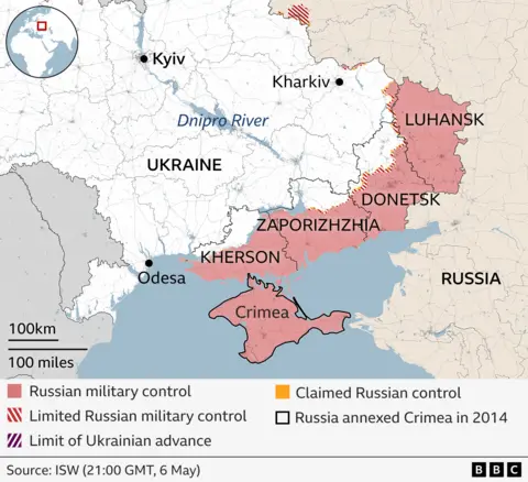 Map showing areas of control in eastern Ukraine and the areas of Kherson, Zaporizhzhia, Donetsk and Luhansk that are not under Russian control