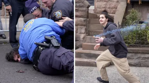 On the right, we see a man with an improvised explosive device in his hand and then we see him on the ground.