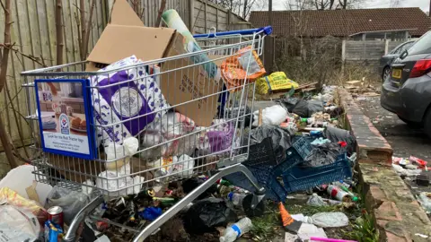 A shopping trolley is full of boxes and plastic bags. On the ground around it are piles of rubbish, including blue plastic crates, black bin bags and empty bottles and cans. 