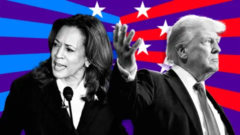 Kamala Harris and Donald Trump implicit    a purple inheritance  with bluish  and reddish  stripes with achromatic  stars.