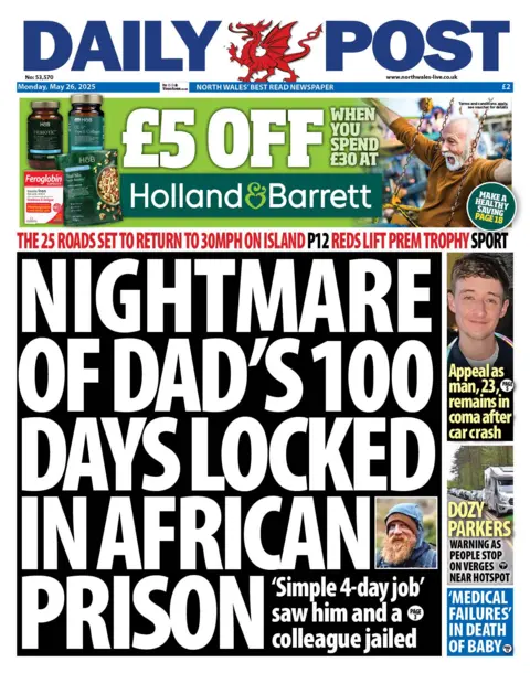 Daily Post Front page of the Daily Post has the headline Nightmare of dad's 100 days locked in African prison and a picture of Paul Inch, who has a long red beard. 