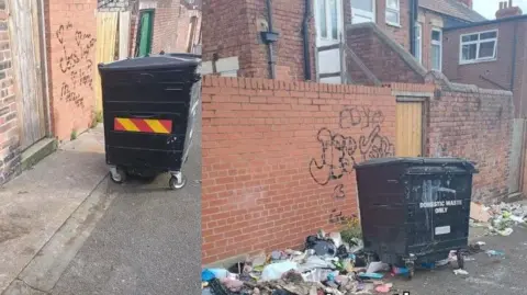 A large, black rectangular domestic bin on wheels sits in a cleaned alleyway to the left. The picture to the right shows a similar bin on the same alleyway with rubbish strewn across the ground.
