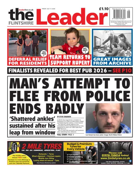 Flintshire Leader Front page of the Flintshire Leader. The headline reads 'man's attempt to flee from police ends badly', with a mugshot of the man.