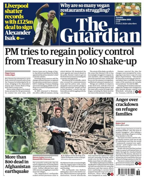 The headline on the front page of the Guardian reads: "PM tries to regain policy control from Treasury in No 10 shake-up".