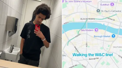 A composite image of Jai in a black T-shirt taking a selfie in a bathroom mirror. On the right is a map of London.