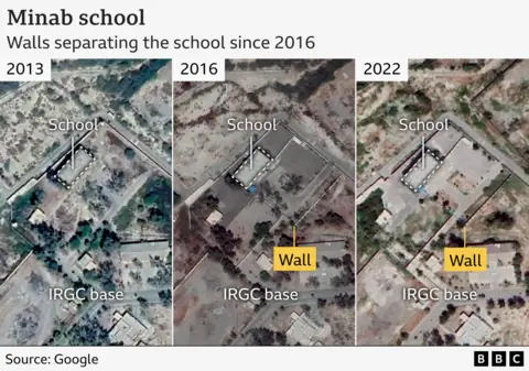 A timeline of satellite images from 2013, 2016 and 2022 that shows a wall was built separating the school from the IRGC base.