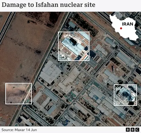 Satellite imagery showing visible damage to structures at Isfahan