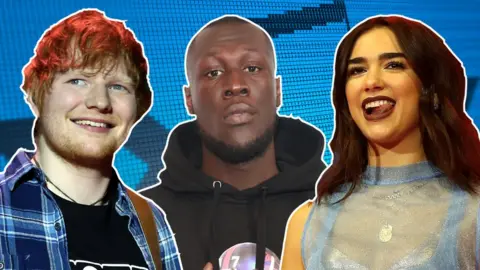 PA / Getty Images Ed Sheeran, Stormzy and Dua Lipa